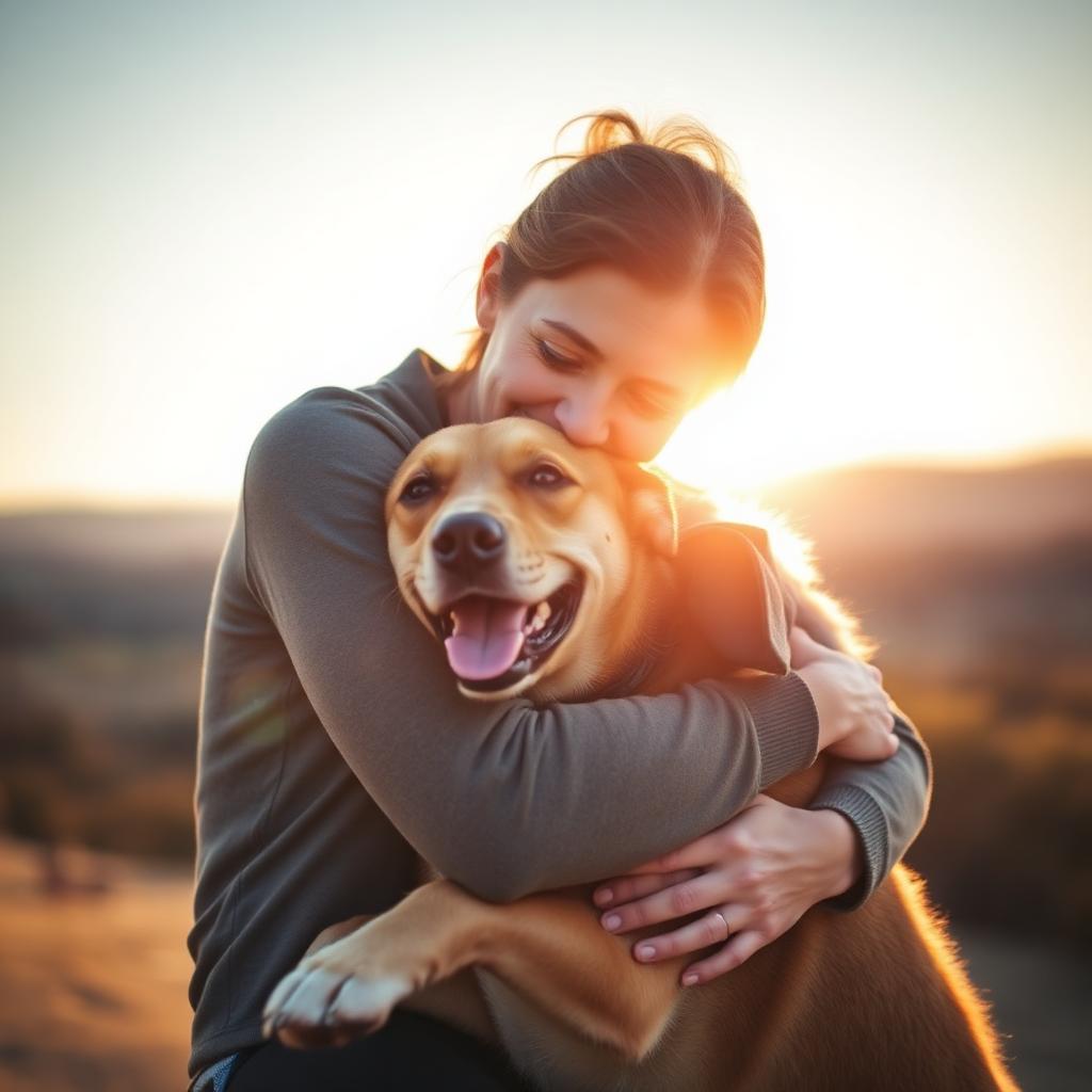Pet owner with her dog at sunset